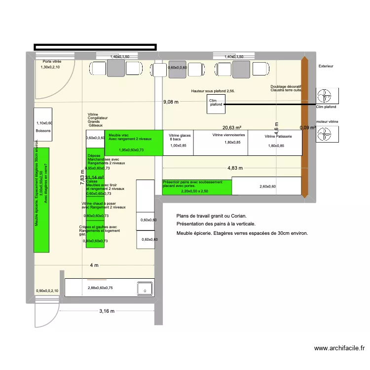 Patisserie. dimensions meubles. 5. Plan de 3  et 52 m²