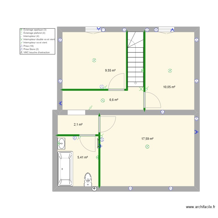 Implantation électrique  M2  Etage. Plan de 6 pièces et 51 m2