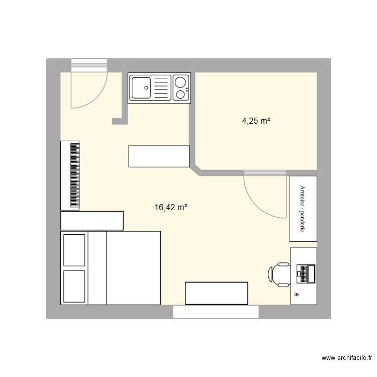 appart nuit. Plan de 2 pièces et 21 m2