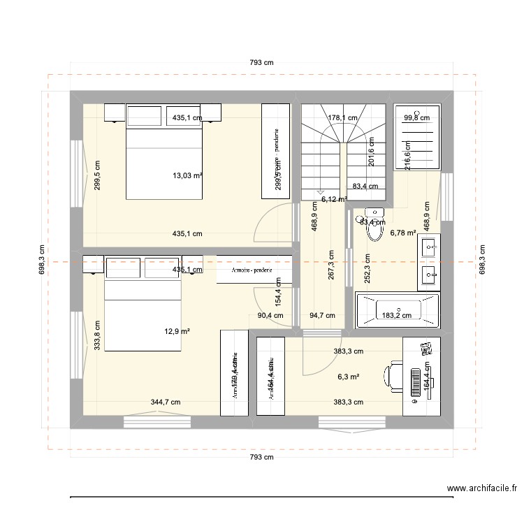 Plan selon étude faisabilité V3.1. Plan de 8 pièces et 92 m2