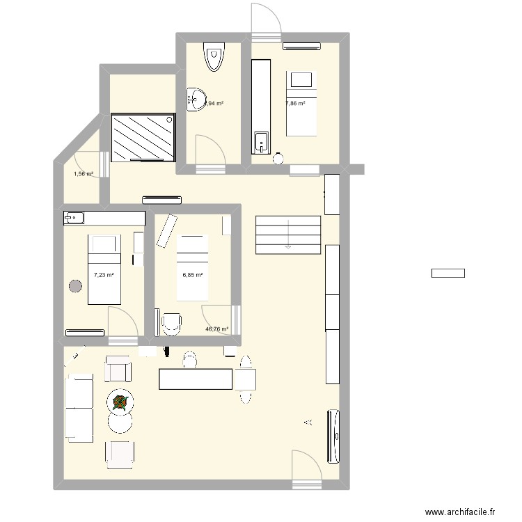 institut. Plan de 6 pièces et 75 m2