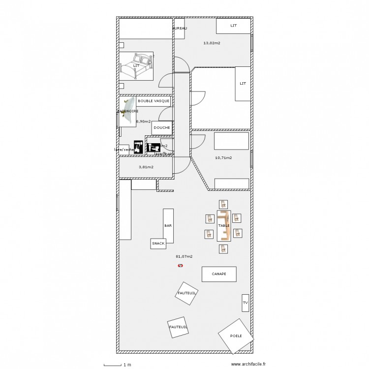 côtes réelles (sans placo)  AVEC CLOISON? ET MEUBLE. Plan de 0 pièce et 0 m2