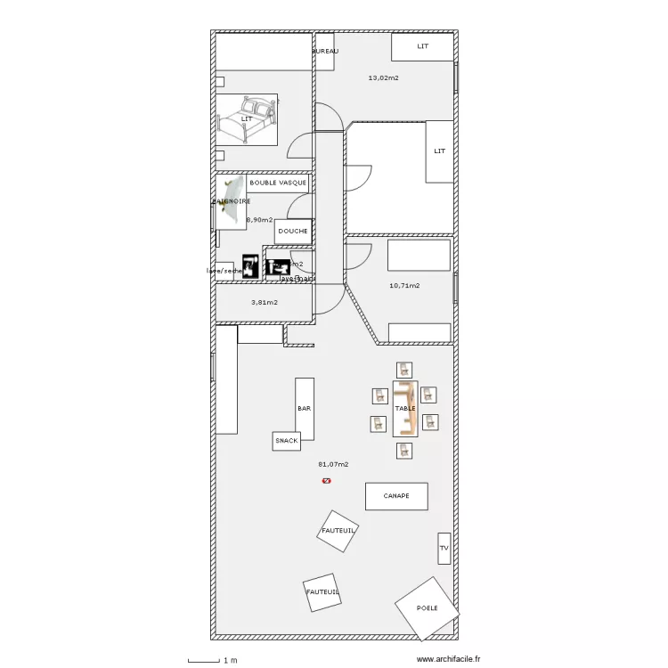 c&ocirc;tes r&eacute;elles (sans placo)  AVEC CLOISON? ET MEUBLE. Plan de 