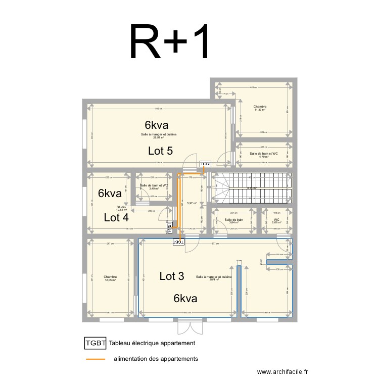 Alimentation électricité R1 . Plan de 11 pièces et 133 m2