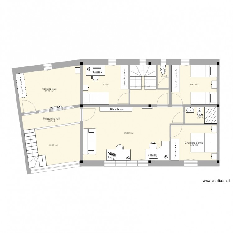 Salle calme + ch d'amis. Plan de 10 pièces et 93 m2