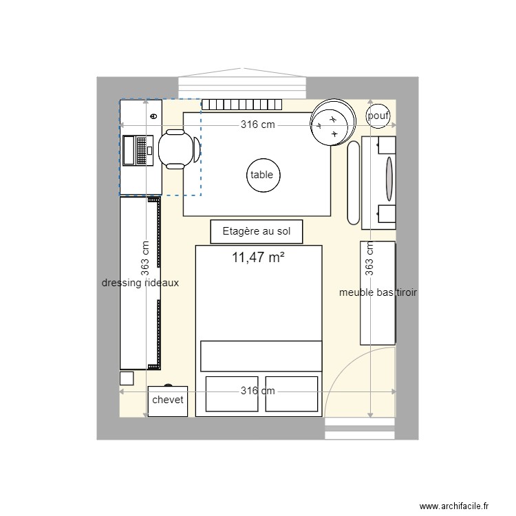 Chambre Manon 2ème proposition. Plan de 1 pièce et 11 m2