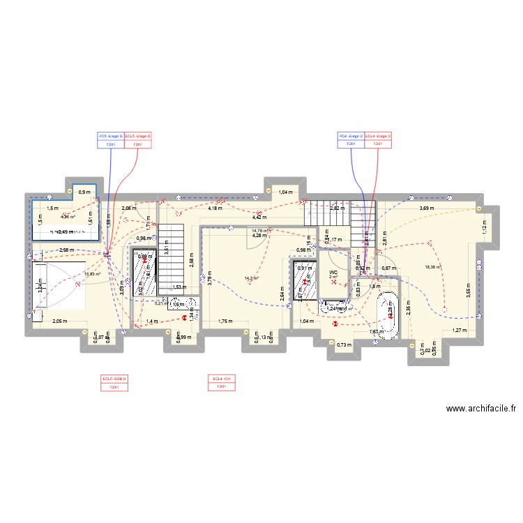 Etage Torcé. Plan de 8 pièces et 83 m2