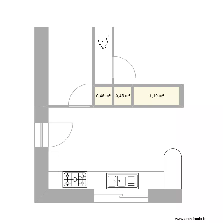 Cuisine / Cellier. Plan de 3  et 2 m²