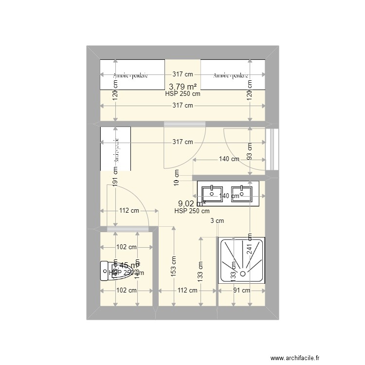 paco sdb. Plan de 3 pièces et 14 m2