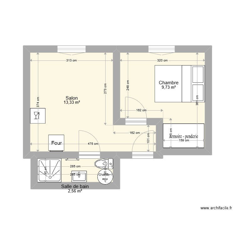 T2 Arpj. Plan de 3 pièces et 26 m2