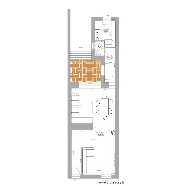 Rez de Chaussé - Projet 1. Plan de 3 pièces et 54 m2