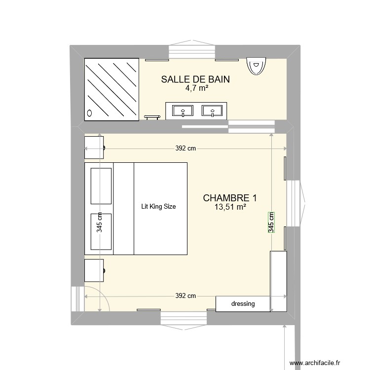 CHAMBRE 1 - Plan 2 pièces 18 m2 dessiné par PN 15
