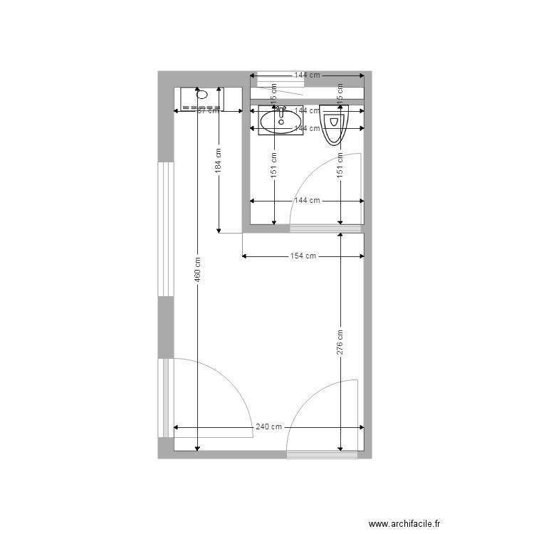 Sanitaire Handicapé avec cotes. Plan de 3 pièces et 11 m2