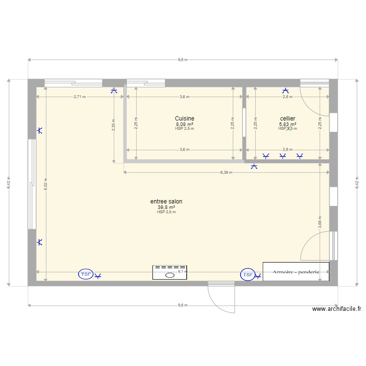 salon cuisine SaM. Plan de 3 pièces et 54 m2