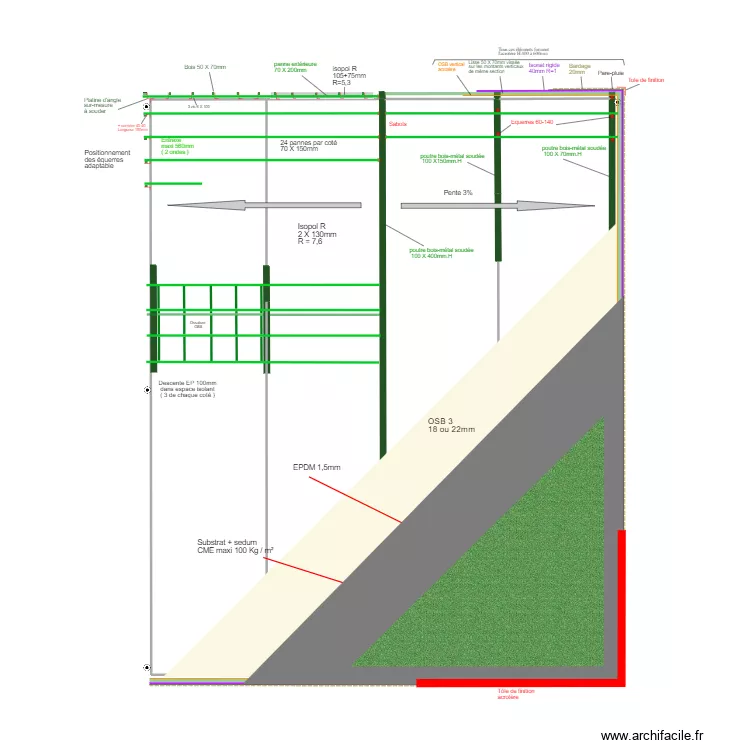 Charpente + EPDM. Plan de 