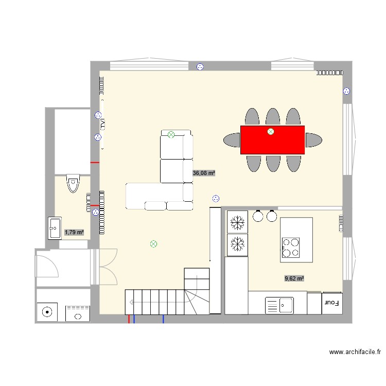 REZ DE CHAUSSEE. Plan de 3 pièces et 47 m2