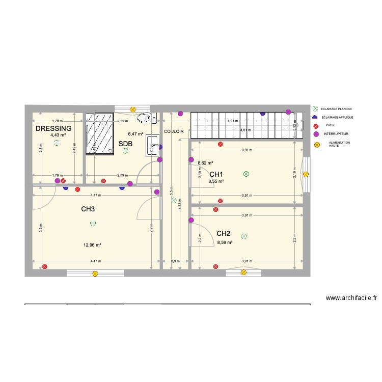 PROJET 3 2EME ETAGE  NU ELECTRICIEN. Plan de 6 pièces et 50 m2