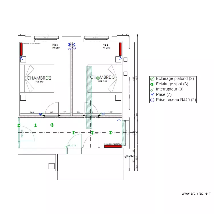 1ER Chambres 2 et 3 Couloir nuit. Plan de 