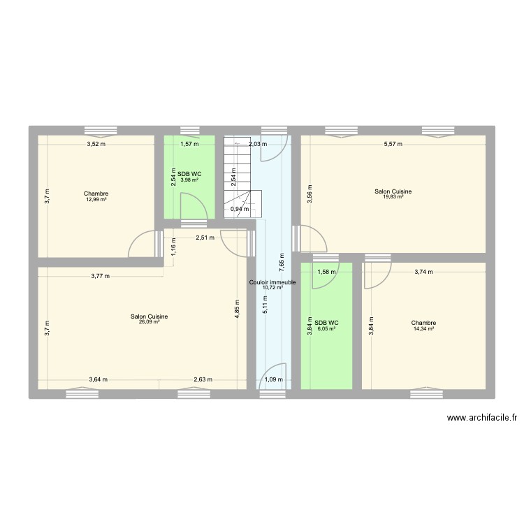 Plan immeuble RDC après travaux 2 T2. Plan de 7 pièces et 94 m2