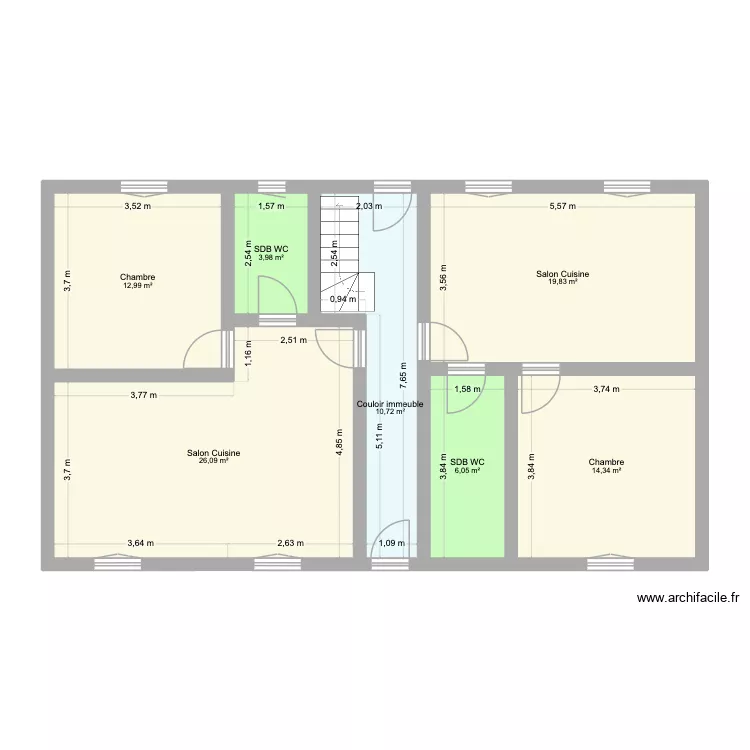 Plan immeuble RDC apr&egrave;s travaux 2 T2. Plan de 7 pièces et 94 m²