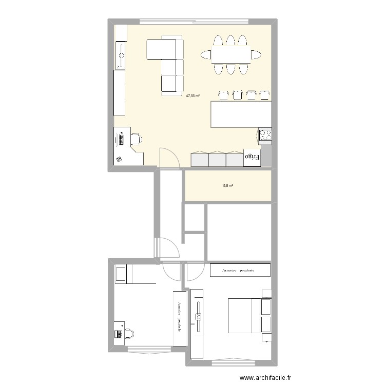 Salon. Plan de 2 pièces et 53 m2