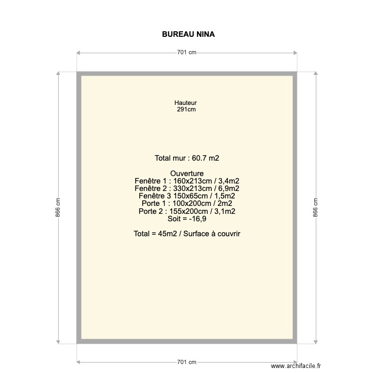 Bureau Nina - Suface peinture. Plan de 1 pièce et 57 m2