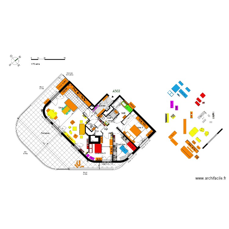 FINAL plan indice 21 sans galandage canapé face terrasse Armoire CELIO 240 in Ch 4  et Pantalonniere in Ch 3 Piano out. Plan de 0 pièce et 0 m2