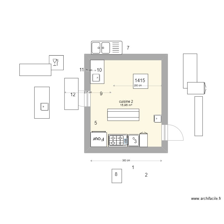 MIJOUX cuisine2. Plan de 1 pièce et 16 m2