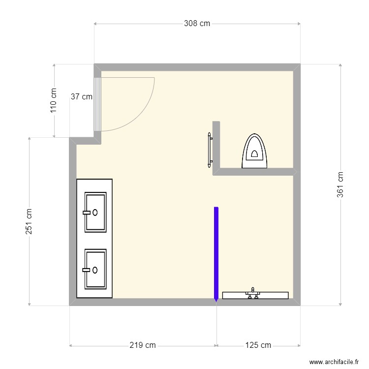 Implantation SDB. Plan de 1 pièce et 10 m2