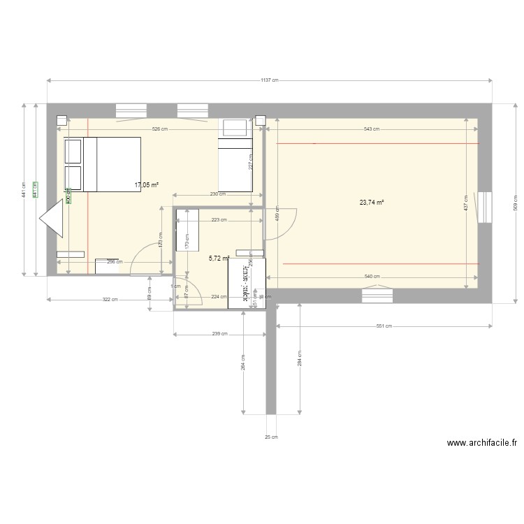 ETAGE SUD EXTENSION  5 A  bureau accès séparé. Plan de 3 pièces et 47 m2