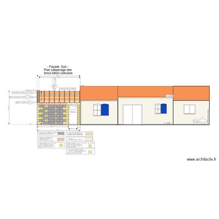 Bloc Béton Cellulaire Façade Sud. Plan de 4 pièces et 42 m2