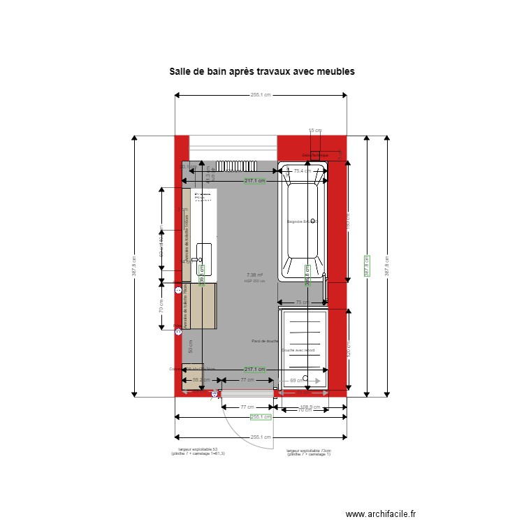 202109052044 salle de bain après travaux sans cheminée avec meubles sol gris DERIDDER. Plan de 0 pièce et 0 m2