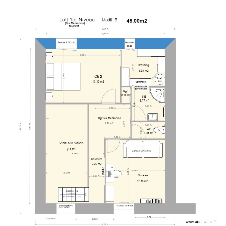 Loft 1 Niveau,Mezzanine +coursive Modif B . Plan de 5 pièces et 59 m2