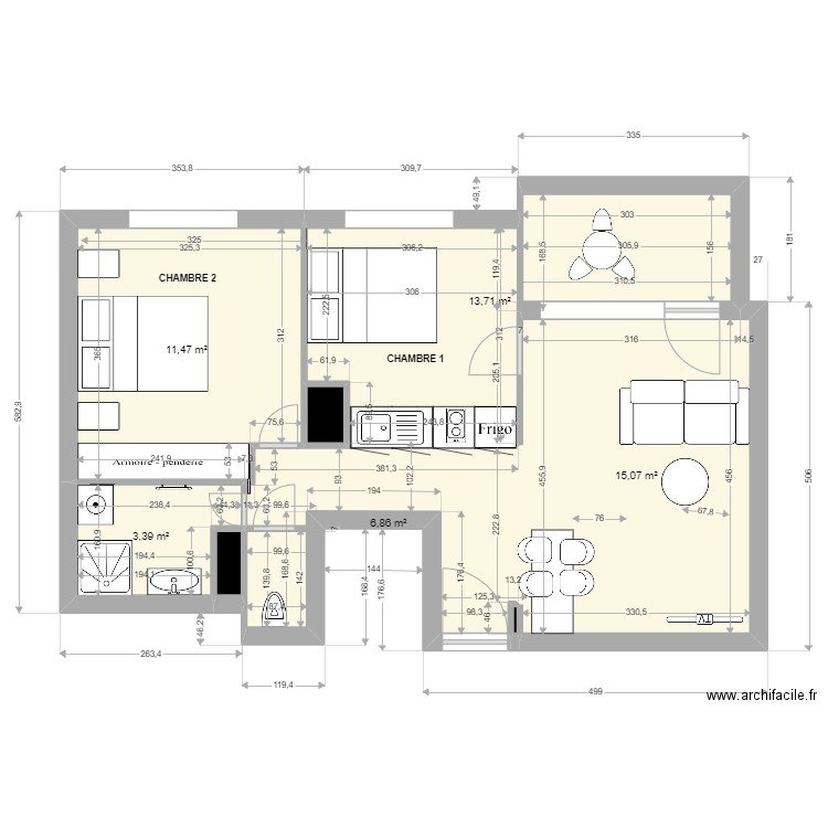 T2T3 Marlyse Mireles cuisine couloir. Plan de 8 pièces et 51 m2