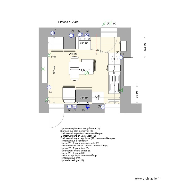 Cuisine Luçon variante 11 février. Plan de 1 pièce et 12 m2