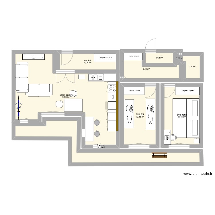 Appartement Asnières 2. Plan de 9 pièces et 80 m2