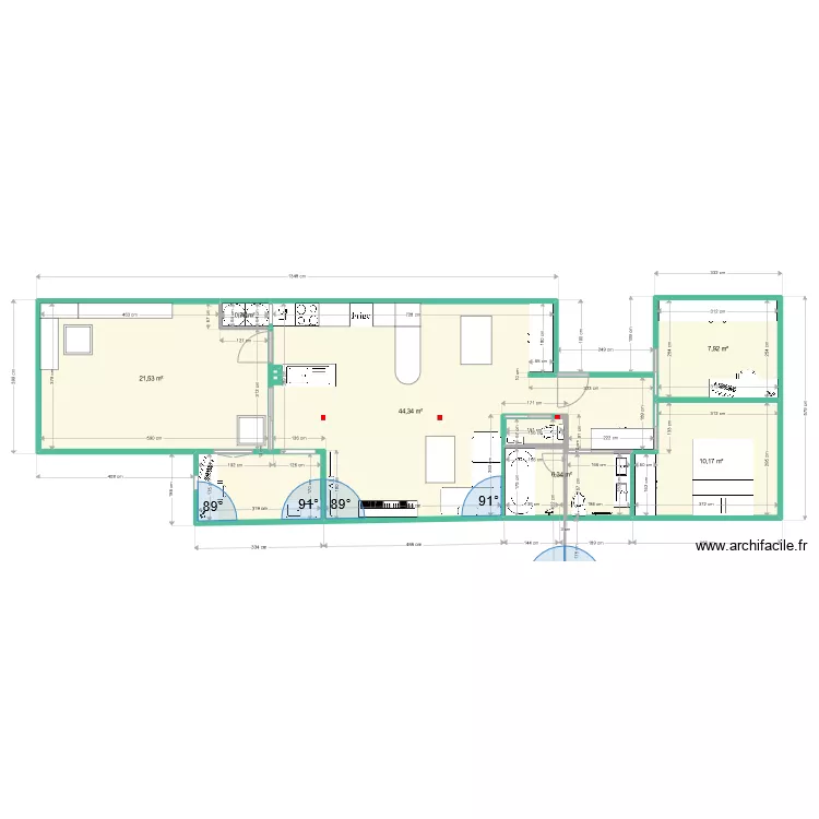 Version finale cuisine en L + salon. Plan de 