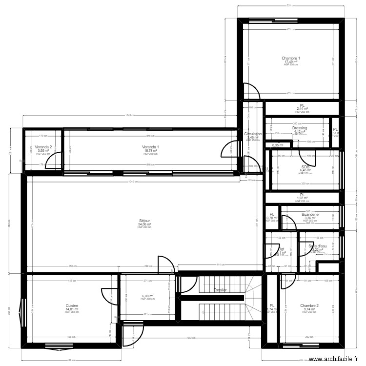 78M5F Existant. Plan de 25 pièces et 265 m2