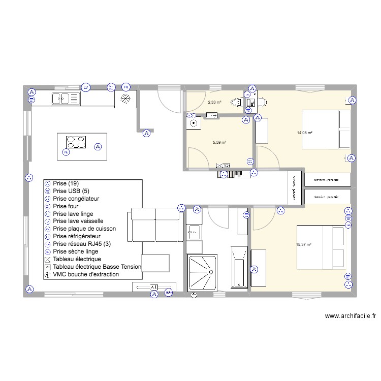 Plan prise elec. Plan de 4 pièces et 37 m2