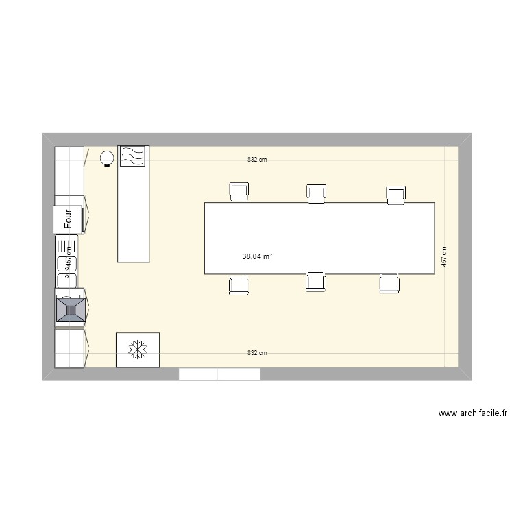 cuisine. Plan de 1 pièce et 38 m2