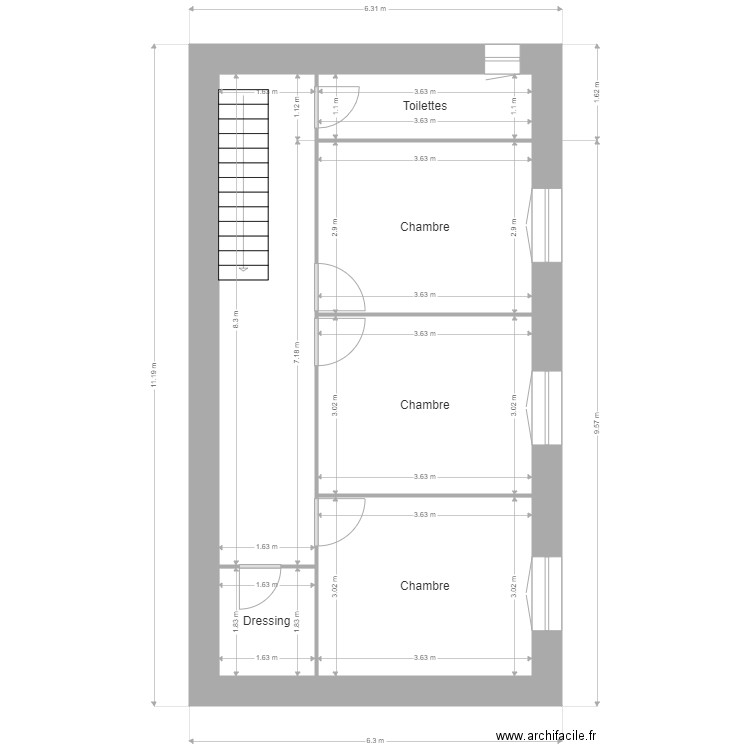 Roissac etage. Plan de 6 pièces et 53 m2