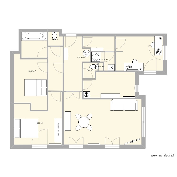 LC2-2. Plan de 7 pièces et 45 m2