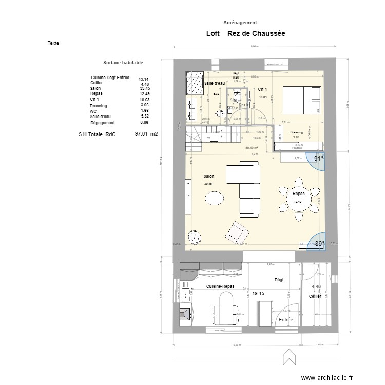 Loft Rde Ch 6. Plan de 2 pièces et 61 m2