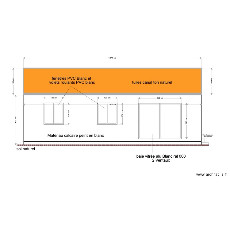 facade sud projetée. Plan de 1 pièce et 16 m2