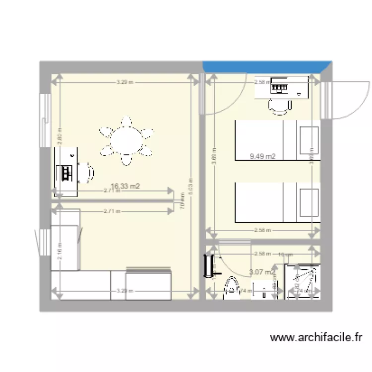 POLYCARPE  Am&eacute;nagement 2 pi&egrave;ces bis. Plan de 