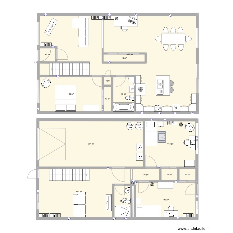 Plan Duplex Futur. Plan de 16 pièces et 164 m2
