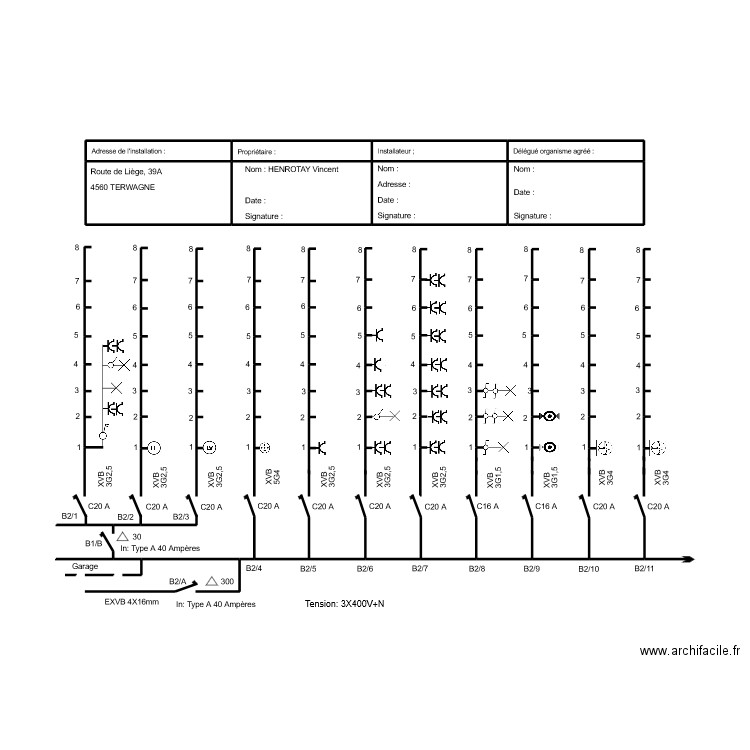 Schéma unifilaire 1 TD B2. Plan de 8 pièces et 15 m2