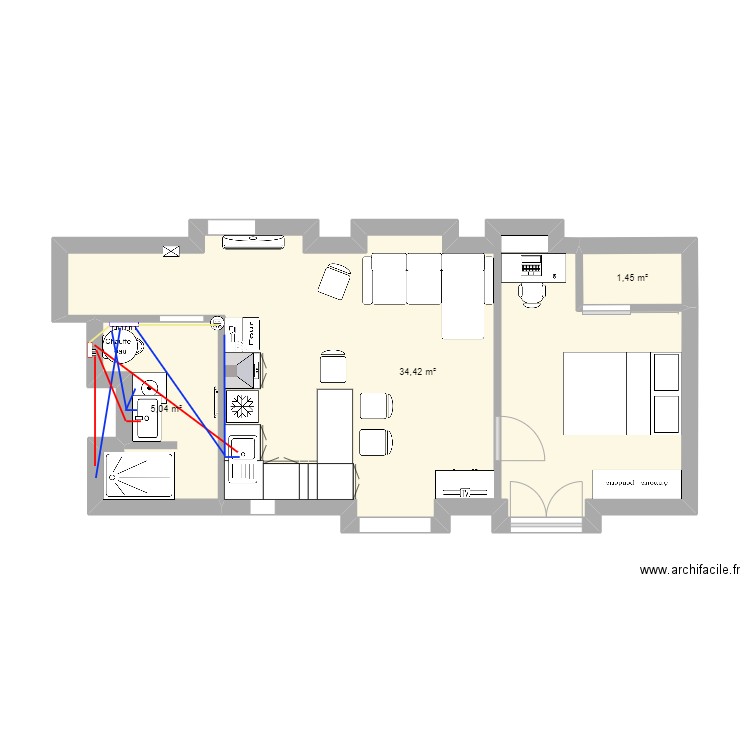 orange Joëlle plomberie. Plan de 3 pièces et 41 m2