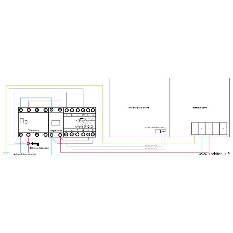 Schéma de câblage de la borne Hager Witty monophasée XEV101 et du module de gestion de puissance XEV304. Plan de 0 pièce et 0 m2