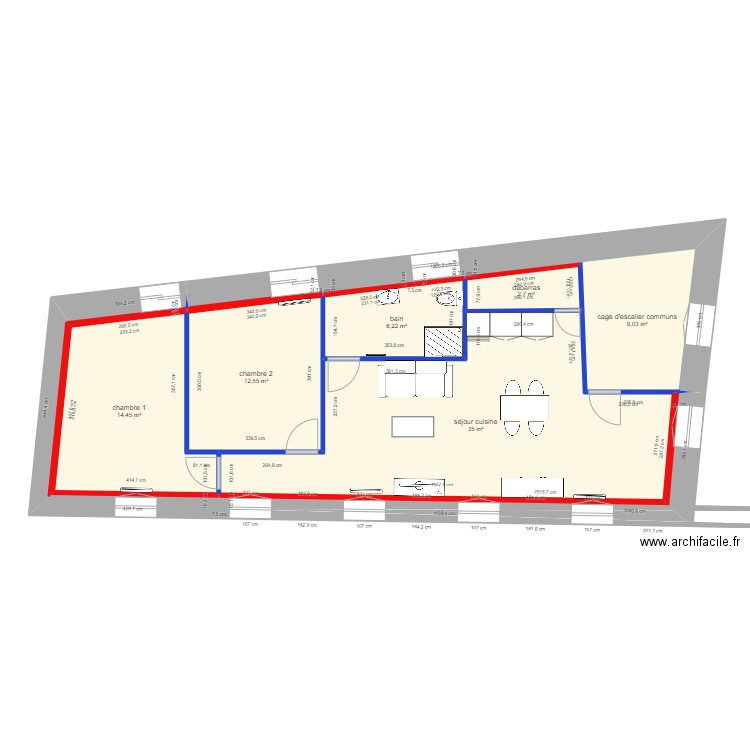 lambert 1 étage 1. Plan de 7 pièces et 80 m2